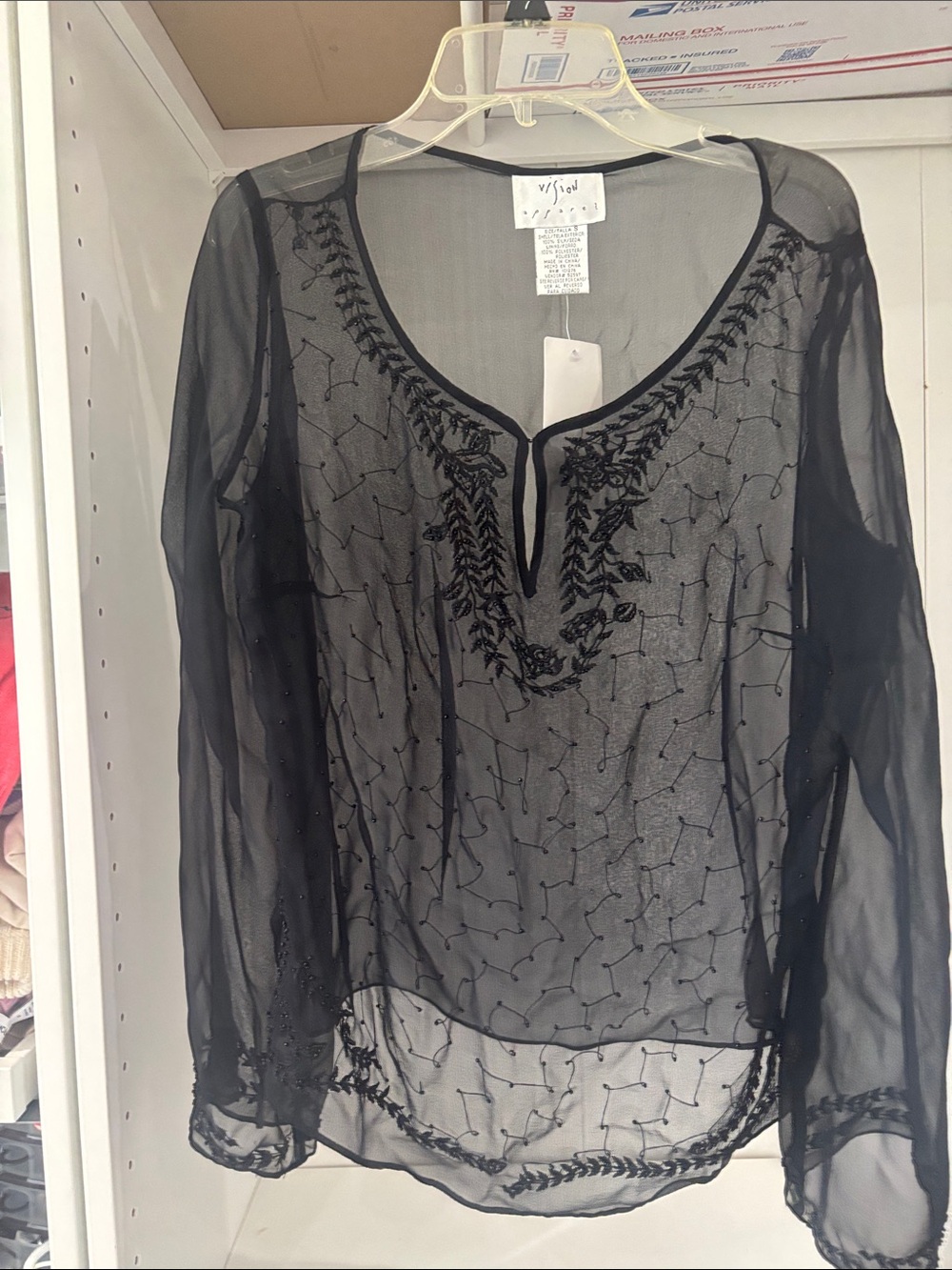 Black Sheer Embroidered V-Neck Women's Blouse